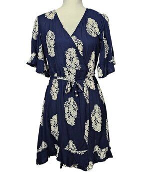 Devi Boho Navy Blue Floral Block Print Faux Wrap Midi Short Sleeve Dress Size L